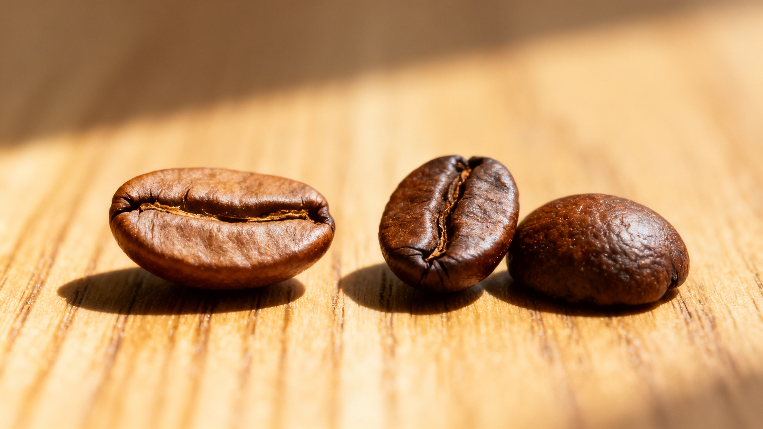 Grains de café arabica et robusta comparés en gros plan, lumière naturelle