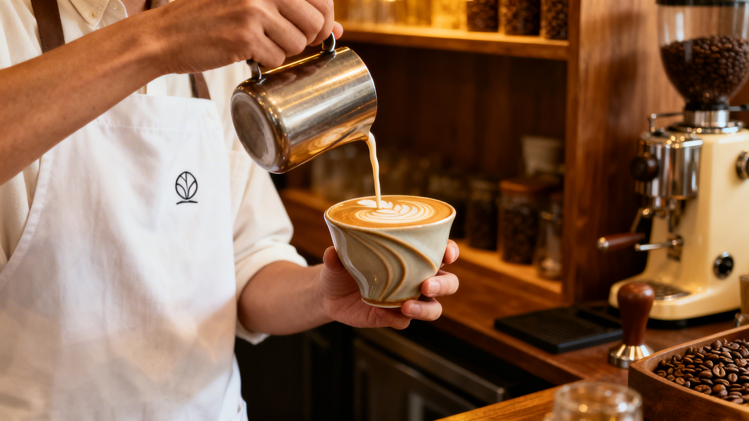 Barista versant un café dans une tasse élégante, ambiance café artisanal