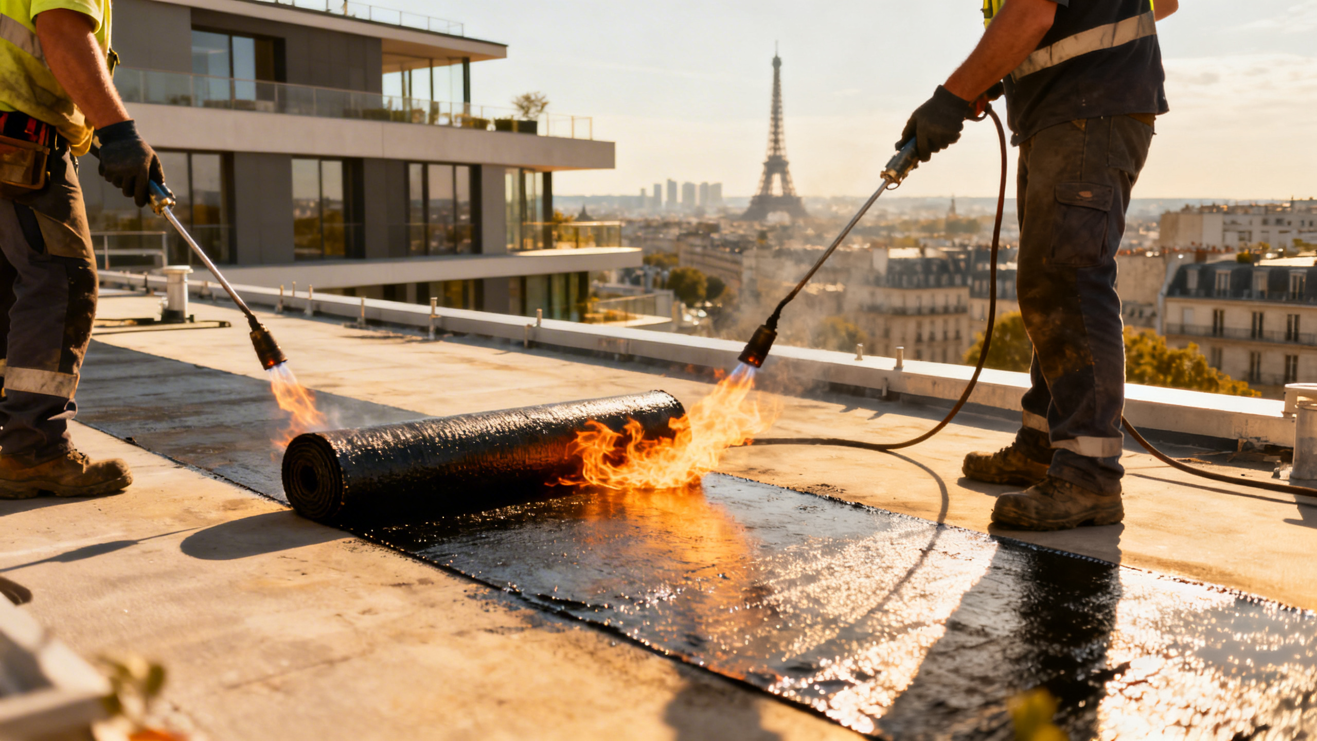 Professionnels appliquant une membrane d'étanchéité sur une toiture terrasse