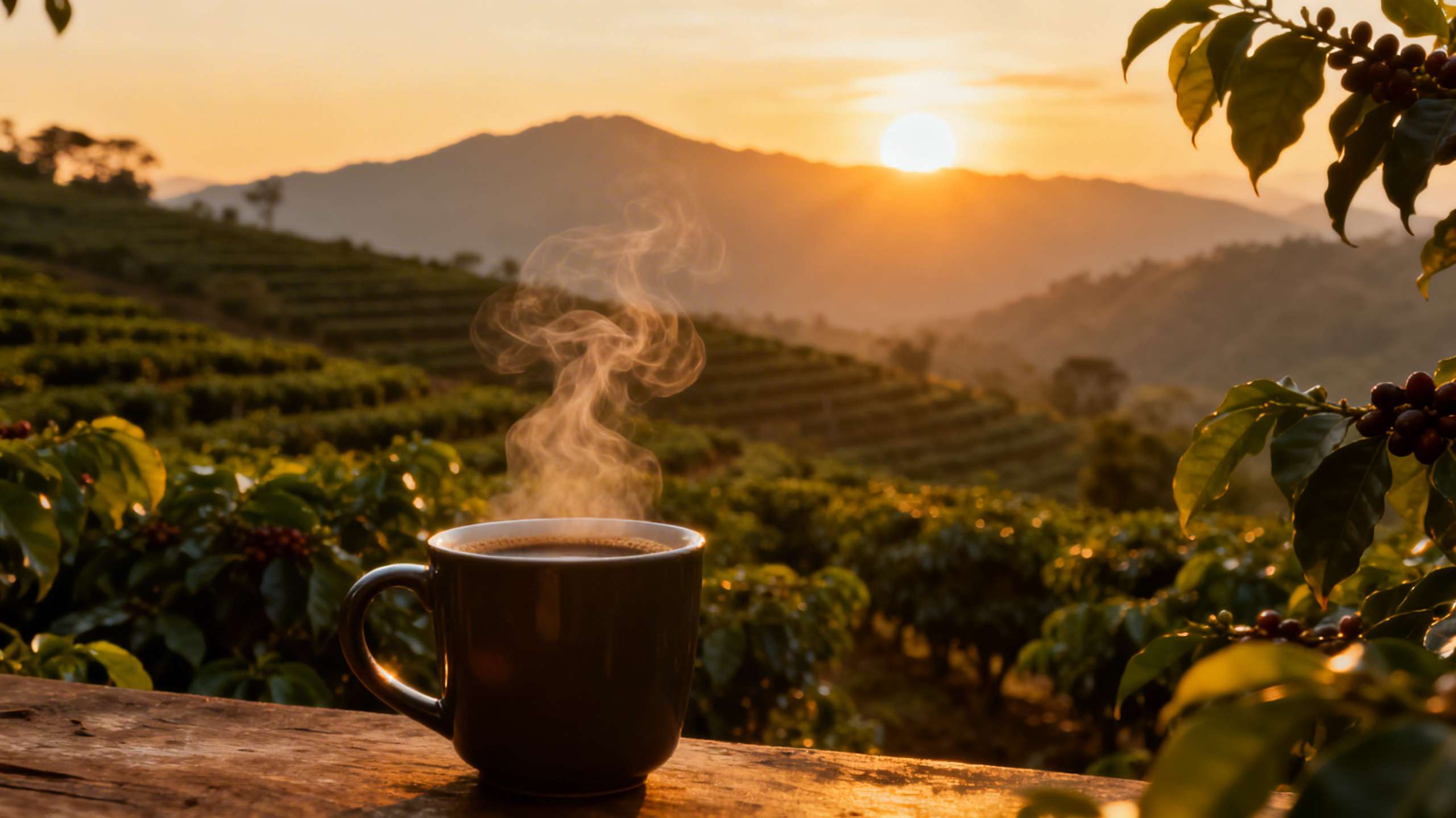 Tasse de café fumante avec plantation de café au lever du soleil