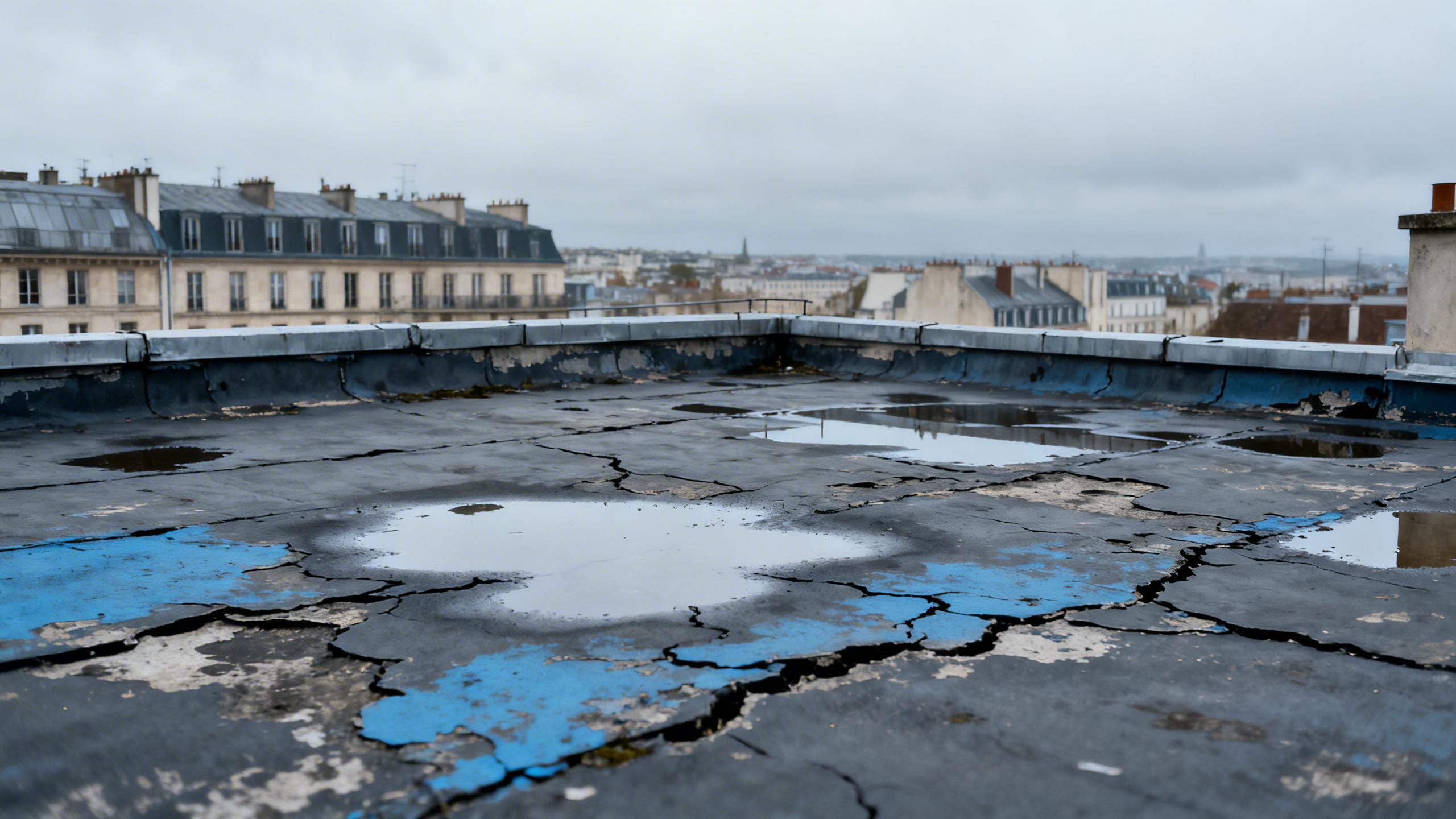 Toiture terrasse avec problèmes d'étanchéité, flaques d'eau stagnante et membrane détériorée